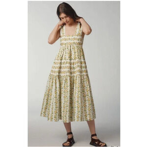 Anthropologie The Helena Square-Neck Smocked Tiered Midi Dress Small